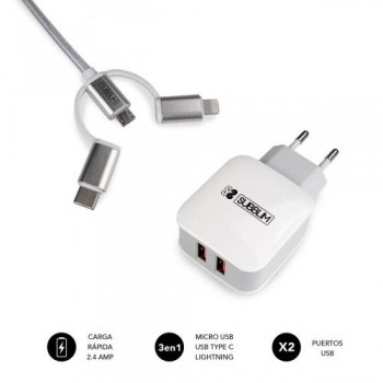 ABS DUAL WALL CHARGER (2,4A) + CABLE 3IN1 BLANCO